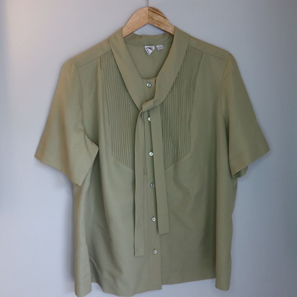 Marbles Of Dallas Blouse 1980s Womens Sage Green Short Sleeve Pleated y2k 90s